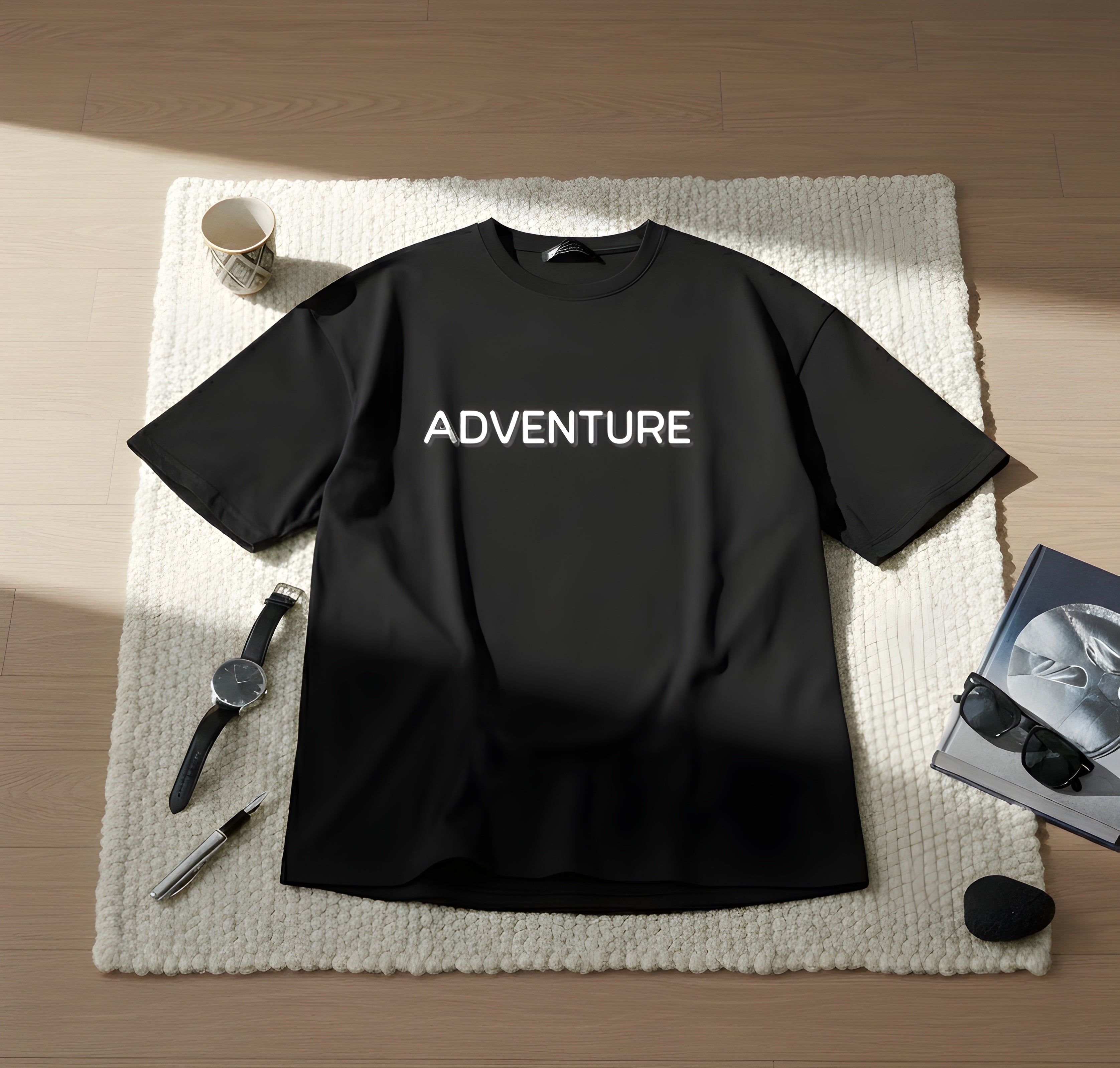 Black Relaxed Fit Adventure T-Shirt | Travel & Palm Tree Back Print | Drop Shoulder Cotton Tee