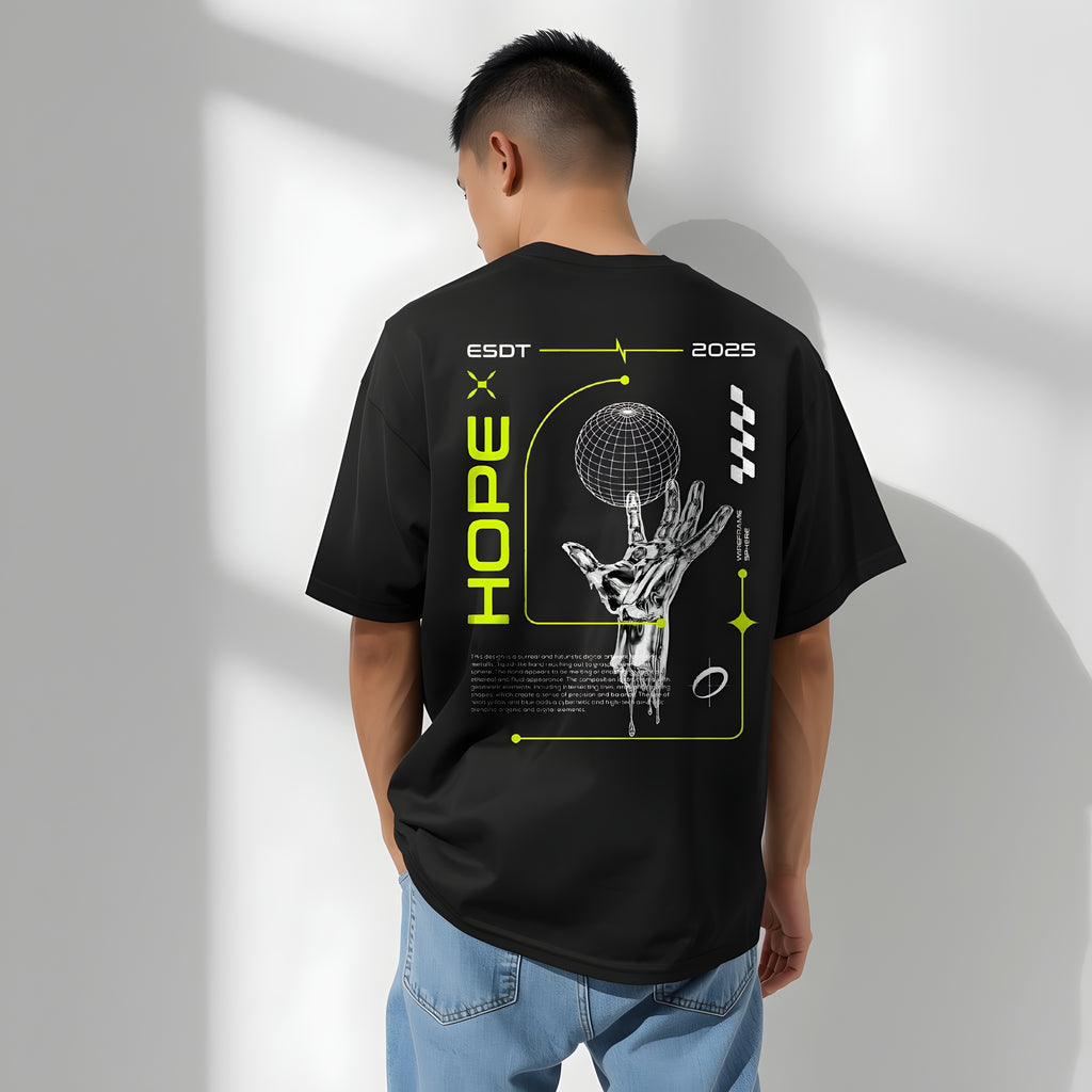 Cyberpunk "HOPE" Oversized T-Shirt | Futuristic Techwear Graphic | 240 GSM Black Streetwear Tee