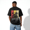 Black Relaxed Fit Adventure T-Shirt | Travel & Palm Tree Back Print | Drop Shoulder Cotton Tee